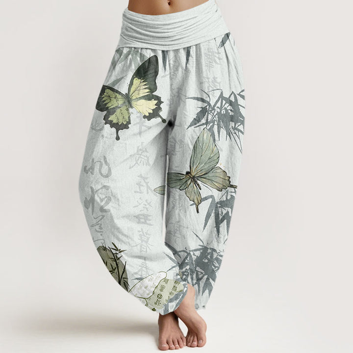 Pantaloni harem da donna con elastico in vita, motivo a farfalle , Buddha Stones , foglie di bambù e caratteri cinesi - Melata - US22, UK/AU26, EU54 (6XL) - image 8