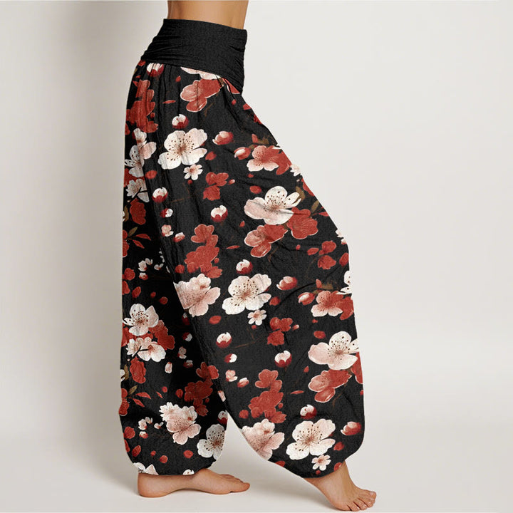 Pantaloni harem da donna con elastico in vita e motivo Buddha Stones Rosa e Rosso con fiori di pesco - image 3