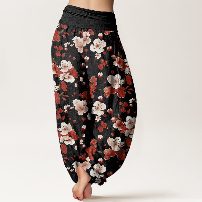 Pantaloni harem da donna con elastico in vita e motivo Buddha Stones Rosa e Rosso con fiori di pesco - image 2