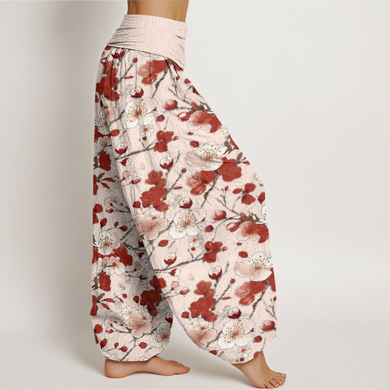 Pantaloni harem da donna con elastico in vita e motivo Buddha Stones Rosa e Rosso con fiori di pesco - image 7