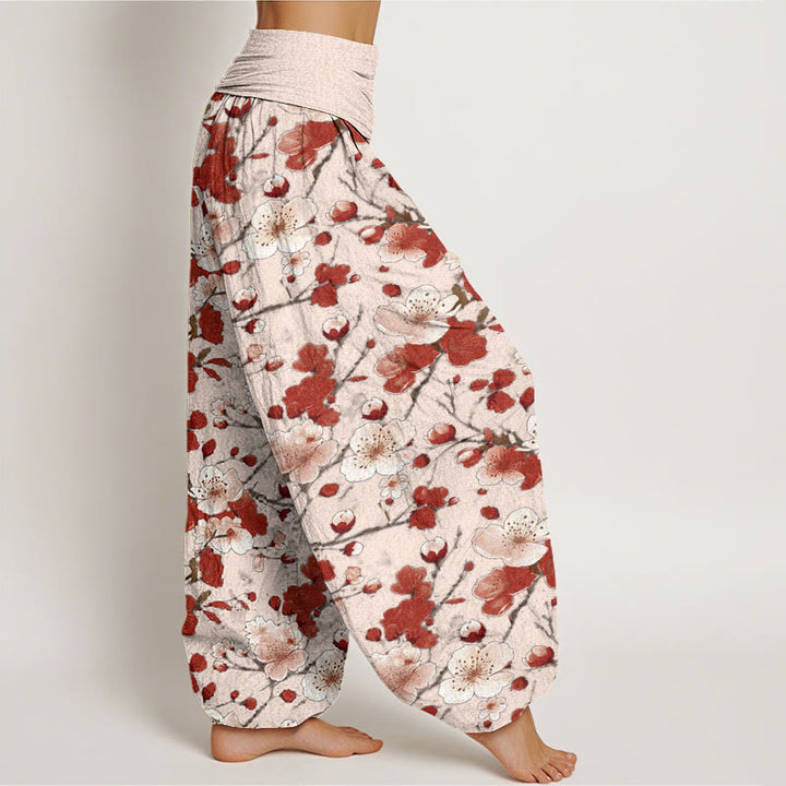 Pantaloni harem da donna con elastico in vita e motivo Buddha Stones Rosa e Rosso con fiori di pesco - image 7