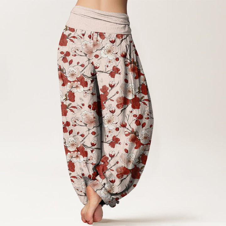 Pantaloni harem da donna con elastico in vita e motivo Buddha Stones Rosa e Rosso con fiori di pesco - image 6