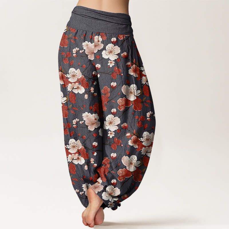 Pantaloni harem da donna con elastico in vita e motivo Buddha Stones Rosa e Rosso con fiori di pesco - image 9