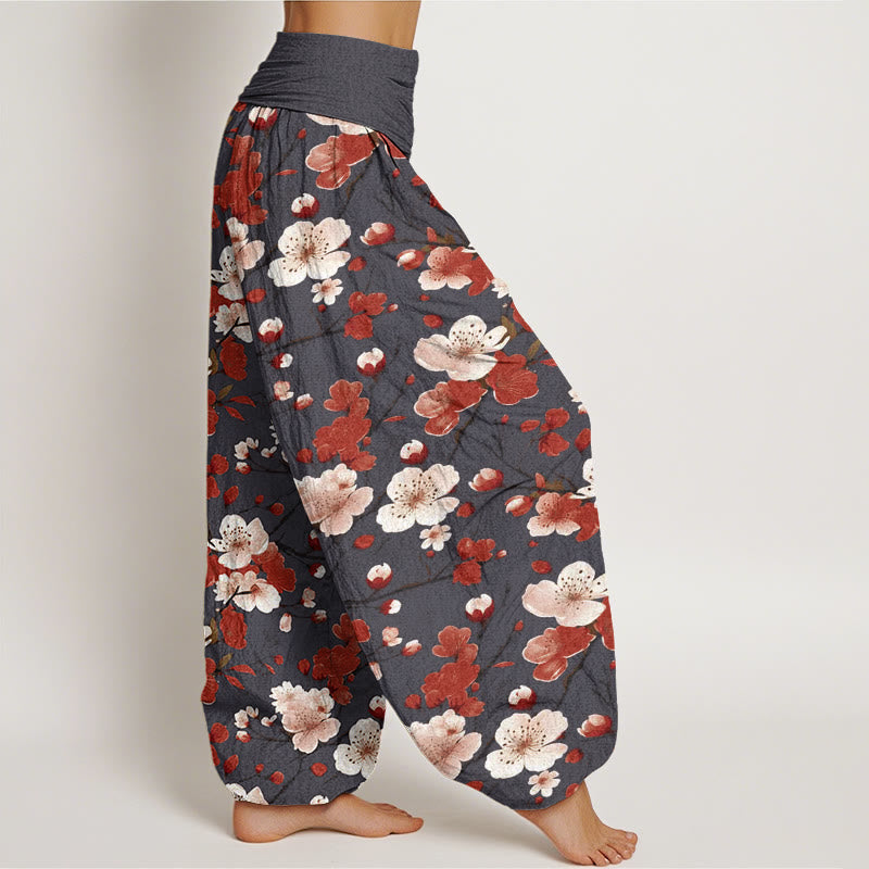 Pantaloni harem da donna con elastico in vita e motivo Buddha Stones Rosa e Rosso con fiori di pesco - image 10