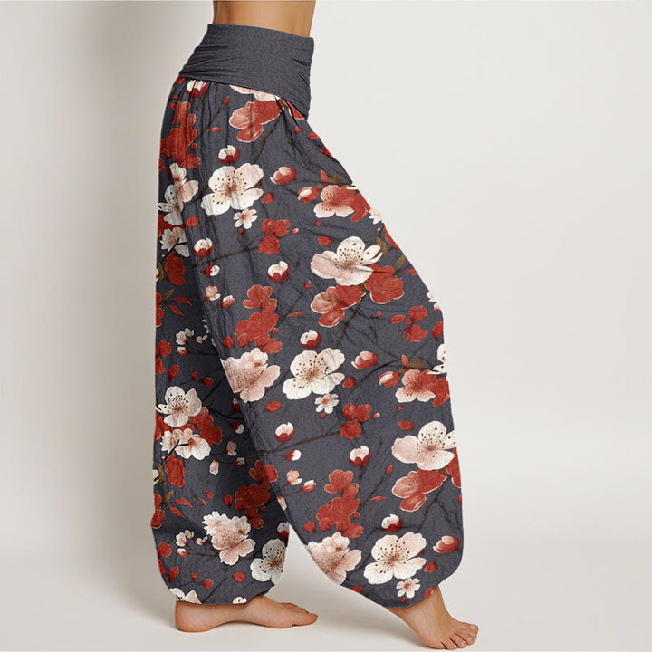 Pantaloni harem da donna con elastico in vita e motivo Buddha Stones Rosa e Rosso con fiori di pesco - image 10