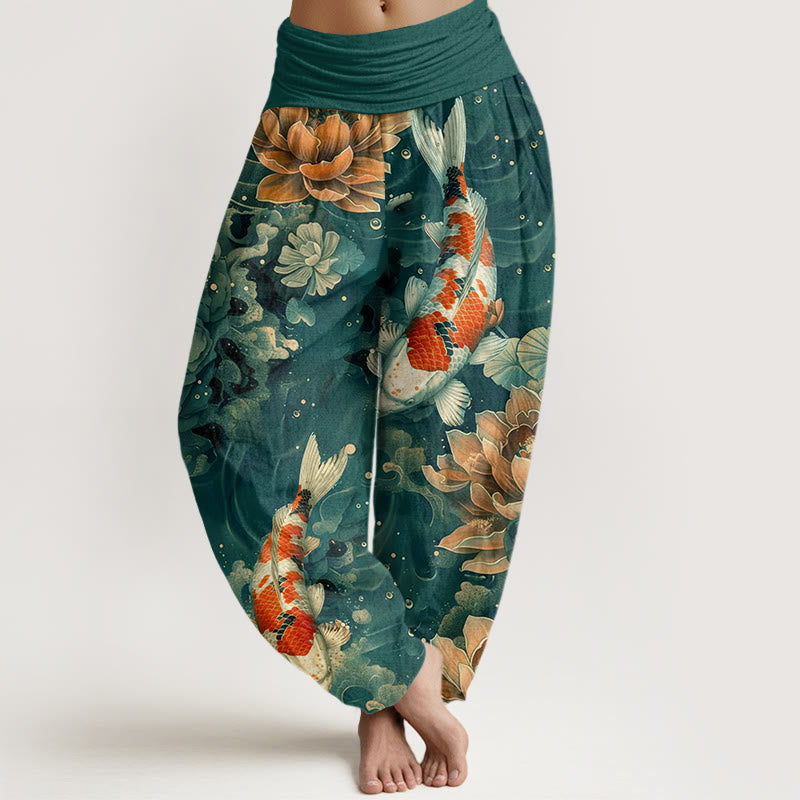 Pantaloni harem da donna con elastico in vita, motivo: Buddha Stones, pesci koi colorati, fiori di loto - VerdeMare Chiaro - US22, UK/AU26, EU54 (6XL) - image 0