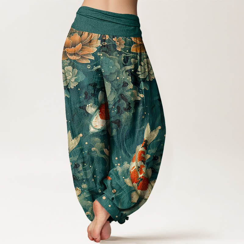 Pantaloni harem da donna con elastico in vita, in cotone, con motivo a Buddha Stones koi colorati e fiori di loto - image 1