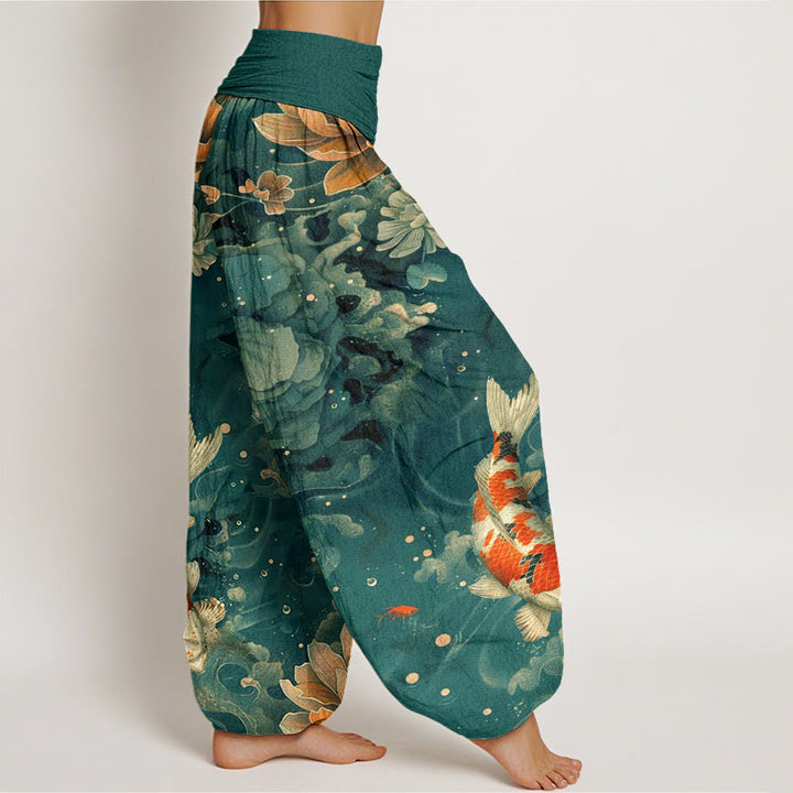 Pantaloni harem da donna con elastico in vita, motivo: Buddha Stones, pesci koi colorati, fiori di loto - image 3
