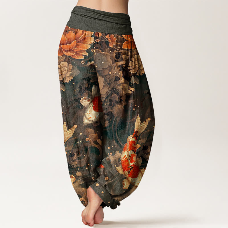 Pantaloni harem da donna con elastico in vita, motivo: Buddha Stones, pesci koi colorati, fiori di loto - image 5