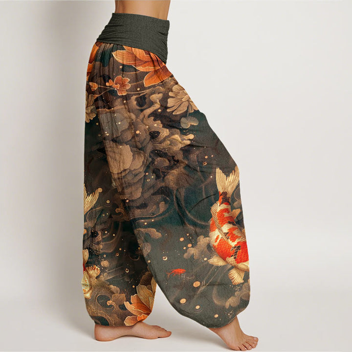 Pantaloni harem da donna con elastico in vita, motivo: Buddha Stones, pesci koi colorati, fiori di loto - image 6