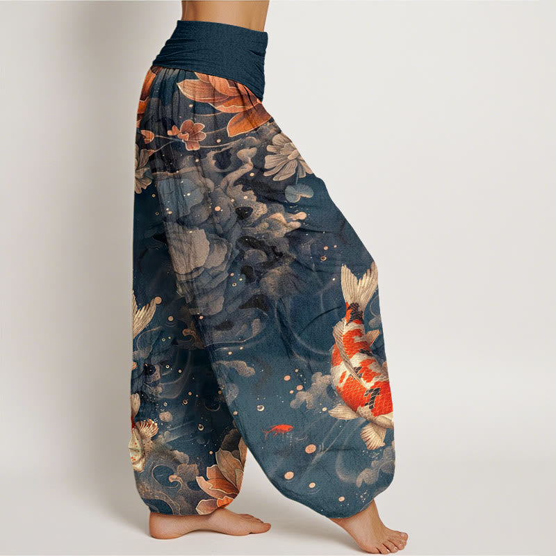 Pantaloni harem da donna con elastico in vita, motivo: Buddha Stones, pesci koi colorati, fiori di loto - image 9