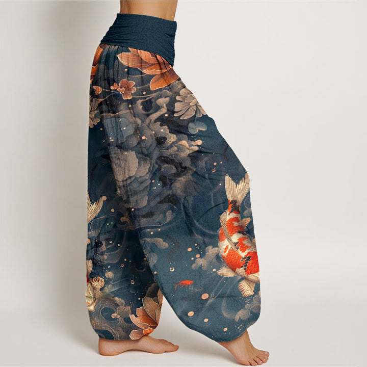 Pantaloni harem da donna con elastico in vita, motivo: Buddha Stones, pesci koi colorati, fiori di loto - image 9