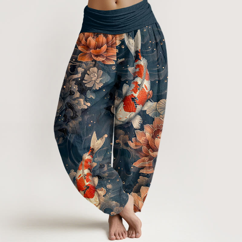 Pantaloni harem da donna con elastico in vita, motivo: Buddha Stones, pesci koi colorati, fiori di loto - SteelBlue - US22, UK/AU26, EU54 (6XL) - image 7