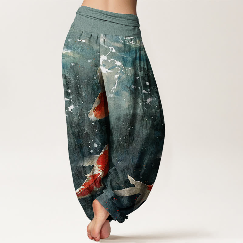Pantaloni harem da donna con elastico in vita, motivo Buddha Stones, pesci koi colorati e motivo oceano - image 2