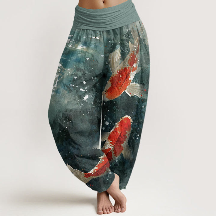 Pantaloni harem da donna con elastico in vita, motivo Buddha Stones, pesci koi colorati e motivo oceano - VerdeMare Chiaro - US22, UK/AU26, EU54 (6XL) - image 1