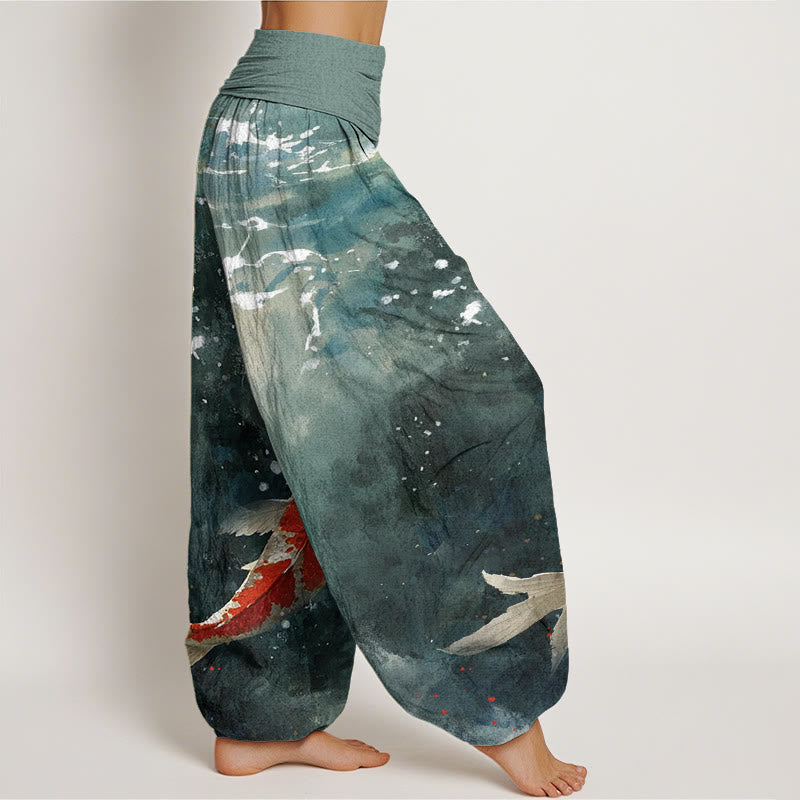 Pantaloni harem da donna con elastico in vita, motivo Buddha Stones, pesci koi colorati e motivo oceano - image 3
