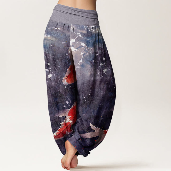 Pantaloni harem da donna con elastico in vita, motivo Buddha Stones, pesci koi colorati e motivo oceano - image 6