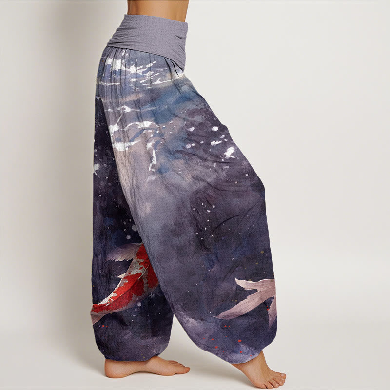 Pantaloni harem da donna con elastico in vita, motivo Buddha Stones, pesci koi colorati e motivo oceano - image 7