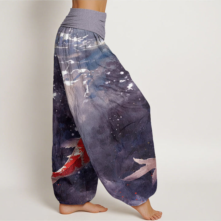 Pantaloni harem da donna con elastico in vita, motivo Buddha Stones, pesci koi colorati e motivo oceano - image 7