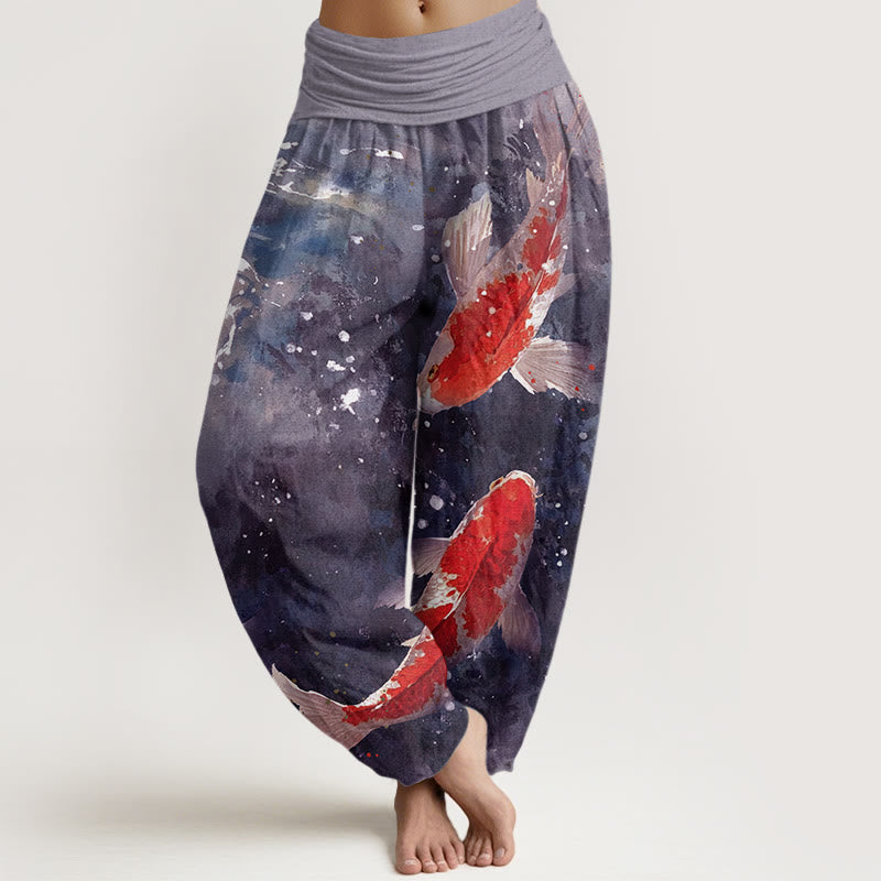 Pantaloni harem da donna con elastico in vita, motivo Buddha Stones, pesci koi colorati e motivo oceano - Lavanda - US22, UK/AU26, EU54 (6XL) - image 5