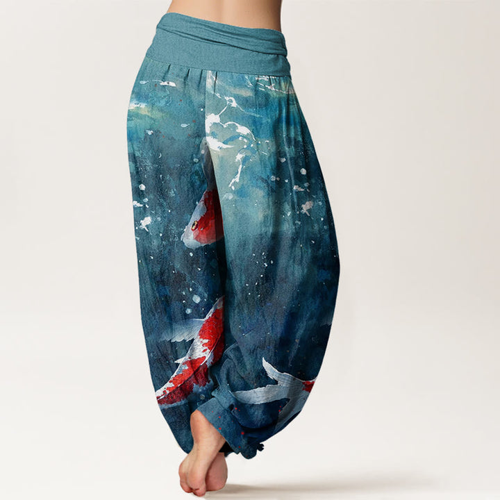 Pantaloni harem da donna con elastico in vita, motivo Buddha Stones, pesci koi colorati e motivo oceano - image 9
