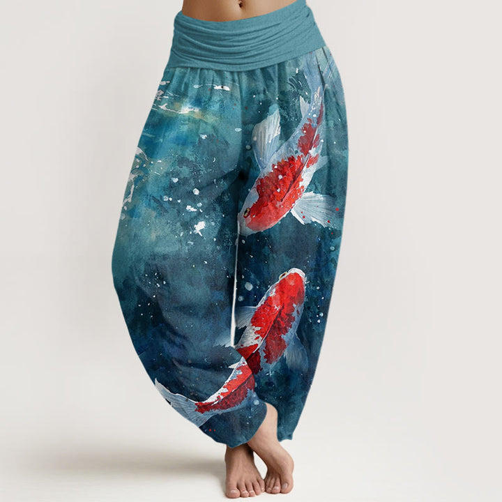 Pantaloni harem da donna con elastico in vita, motivo Buddha Stones, pesci koi colorati e motivo oceano - CadetBlue - US22, UK/AU26, EU54 (6XL) - image 8