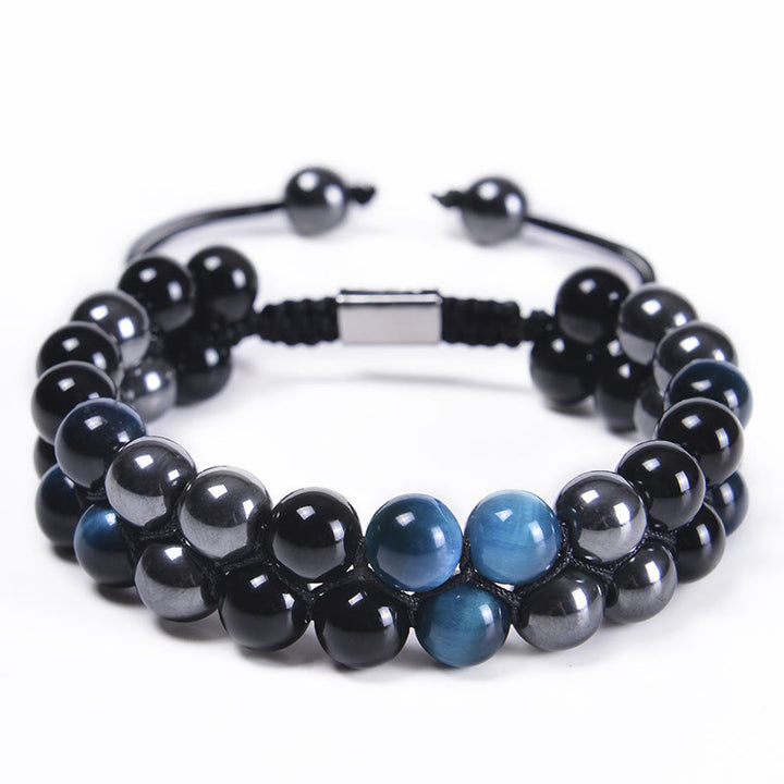Braccialetto di protezione con perline a doppia fila in occhio di tigre Buddha Stones naturale, magnetite nera e ossidiana nera