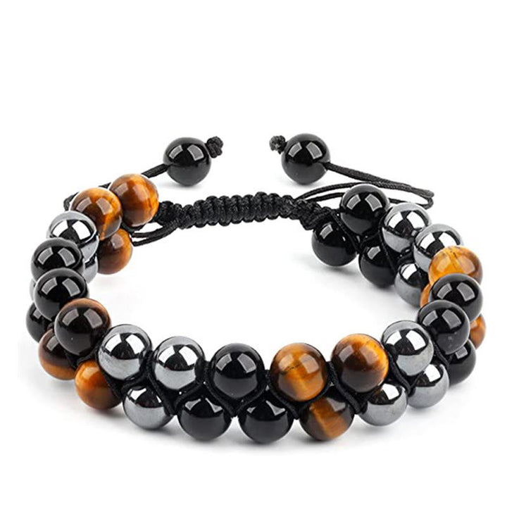 Braccialetto di protezione con perline a doppia fila in onice nero e magnetite nera con Buddha Stones in occhio di tigre naturale