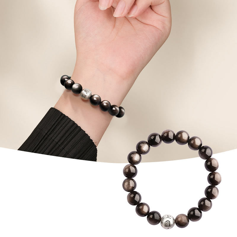 Bracciale di protezione Om Mani Padme Hum in ossidiana naturale lucida e argento Buddha Stones