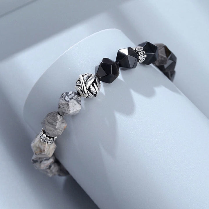 Bracciale di protezione con perline a foglia arrotolata in argento sterling 925, ossidiana naturale a taglio irregolare, diaspro grigio, Buddha Stones