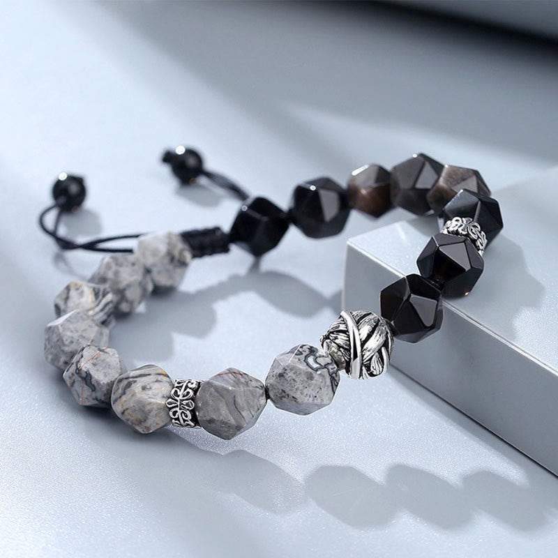 Bracciale di protezione con perline a foglia arrotolata in argento sterling 925, ossidiana naturale a taglio irregolare, diaspro grigio, Buddha Stones