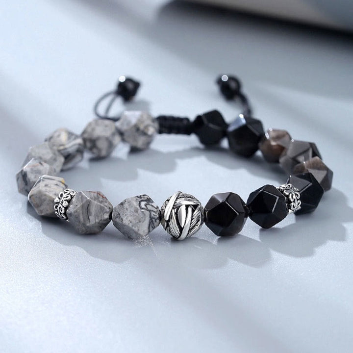 Bracciale di protezione con perline a foglia arrotolata in argento sterling 925, ossidiana naturale a taglio irregolare, diaspro grigio, Buddha Stones