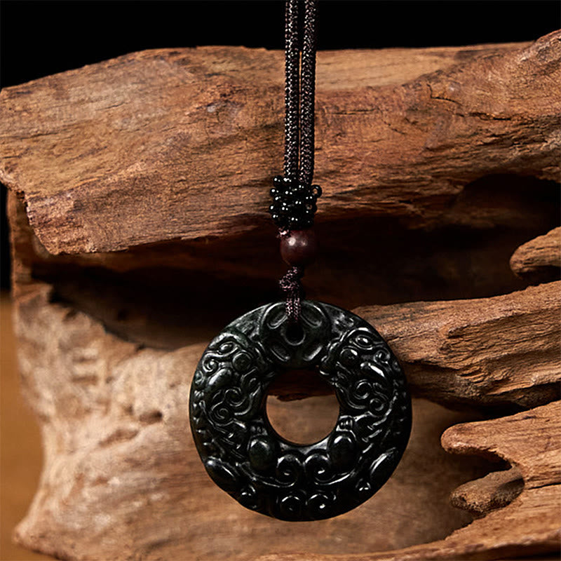 Buddha Stones Tibetano Nanyang Nero-Verde Giada PiXiu Fibbia della Pace Collana Pendente di Protezione - image 5