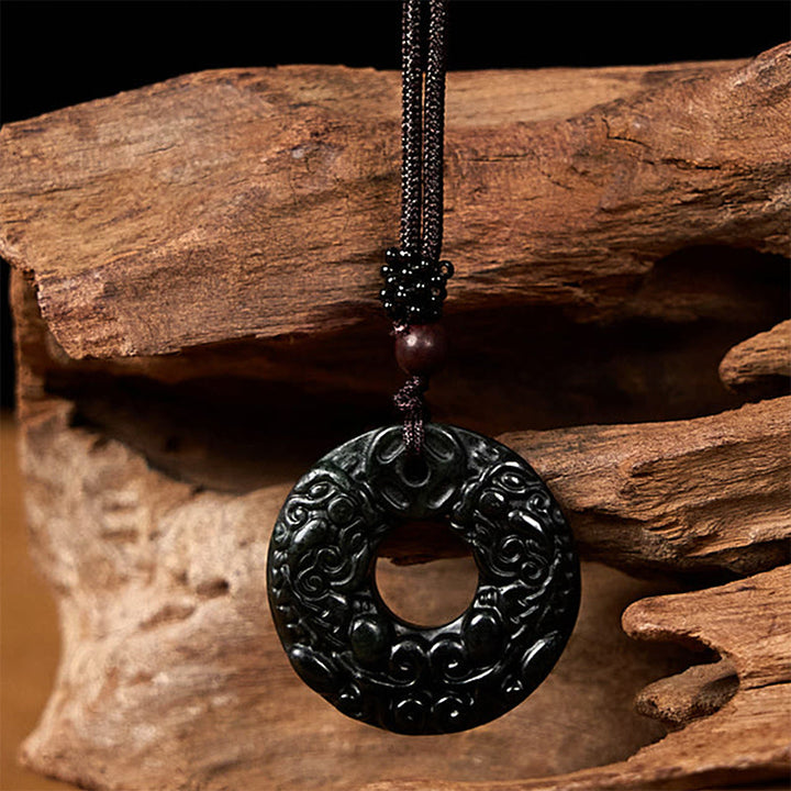 Buddha Stones Tibetano Nanyang Nero-Verde Giada PiXiu Fibbia della Pace Collana Pendente di Protezione - image 5