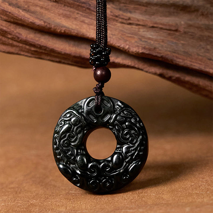 Buddha Stones Tibetano Nanyang Nero-Verde Giada PiXiu Fibbia della Pace Collana Pendente di Protezione - Giada nera-verde Nanyang - image 1