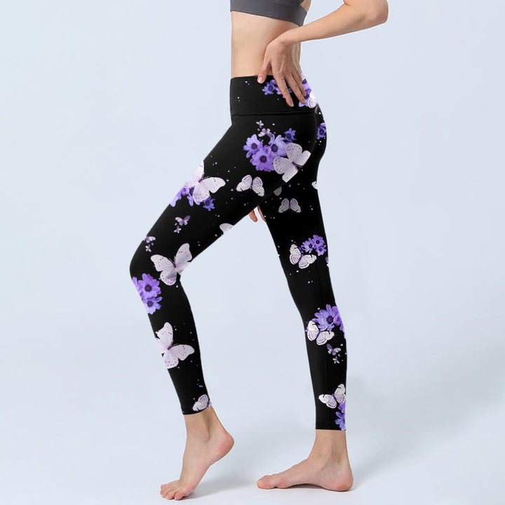 Leggings da yoga da donna con stampa floreale e farfalla viola Buddha Stones
