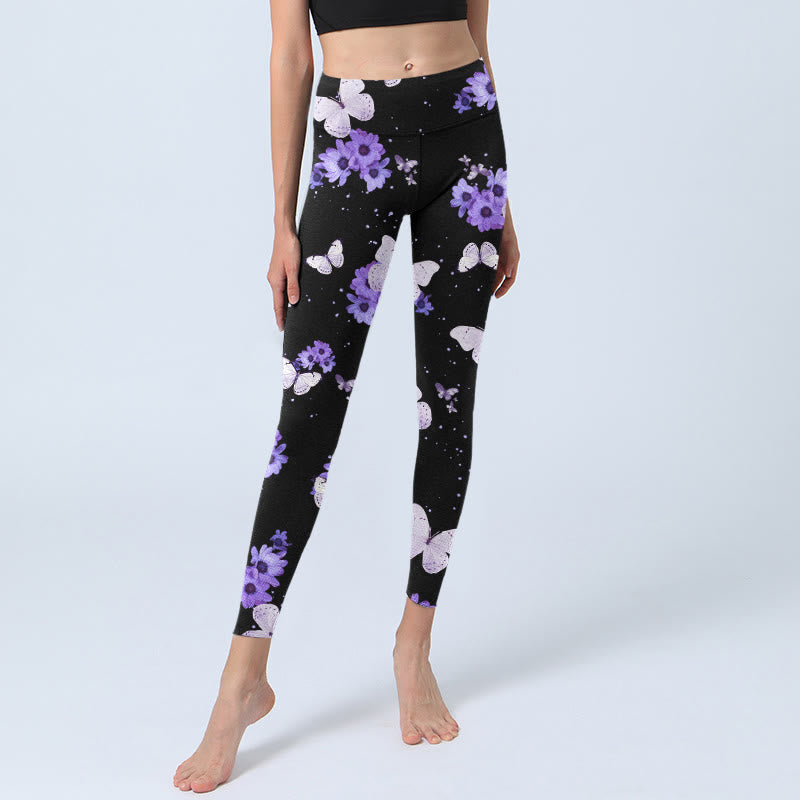 Leggings da yoga da donna con stampa floreale e farfalla viola Buddha Stones