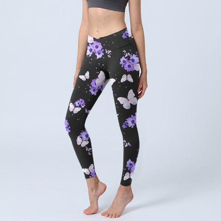 Leggings da yoga da donna con stampa floreale e farfalla viola Buddha Stones