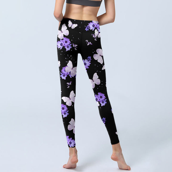 Leggings da yoga da donna con stampa floreale e farfalla viola Buddha Stones