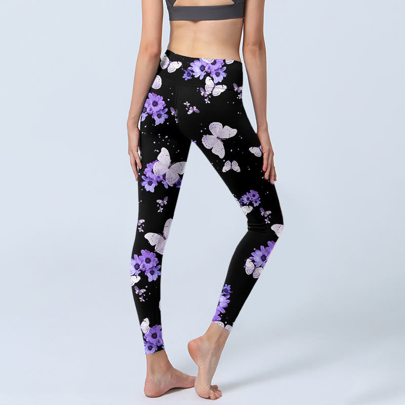 Leggings da yoga da donna con stampa floreale e farfalla viola Buddha Stones