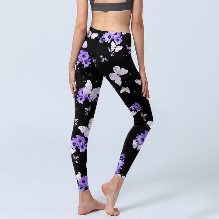 Leggings da yoga da donna con stampa floreale e farfalla viola Buddha Stones