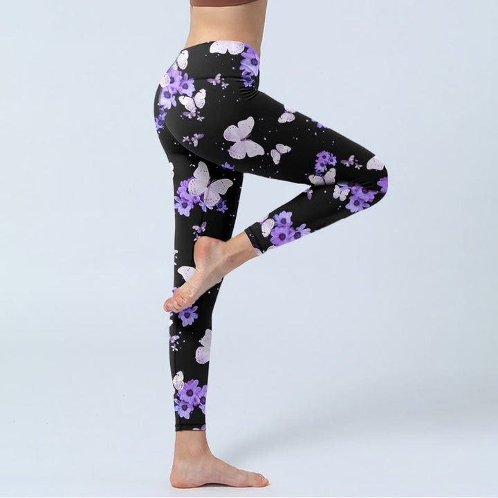 Leggings da yoga da donna con stampa floreale e farfalla viola Buddha Stones