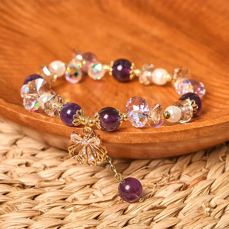 Braccialetto della pace in pietra naturale con ametista, citrino, perla e conchiglia di Buddha Stones