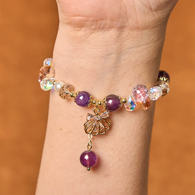 Braccialetto della pace in pietra naturale con ametista, citrino, perla e conchiglia di Buddha Stones