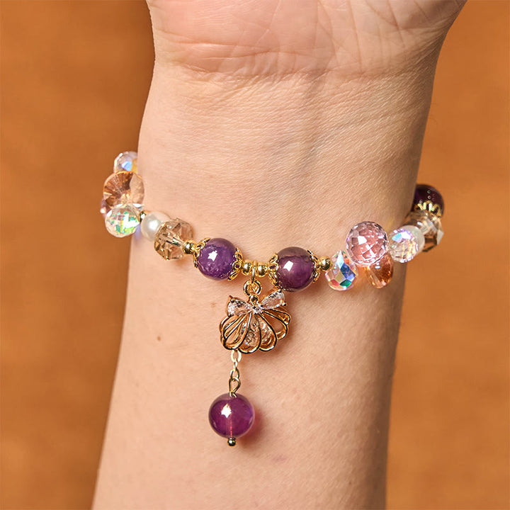 Braccialetto della pace in pietra naturale con ametista, citrino, perla e conchiglia di Buddha Stones
