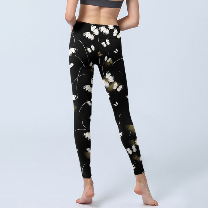 Leggings da yoga da donna con stampa di stelle e farfalle bianche Buddha Stones