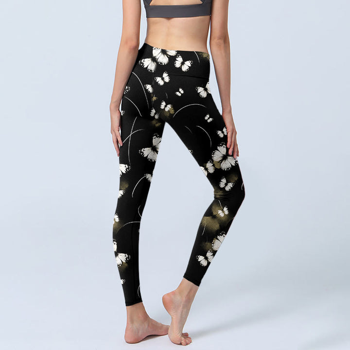Leggings da yoga da donna con stampa di stelle e farfalle bianche Buddha Stones