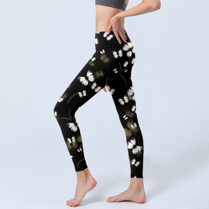 Leggings da yoga da donna con stampa di stelle e farfalle bianche Buddha Stones
