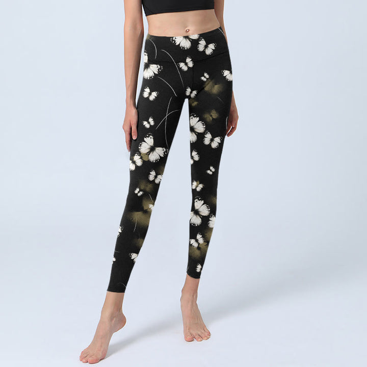 Leggings da yoga da donna con stampa di stelle e farfalle bianche Buddha Stones