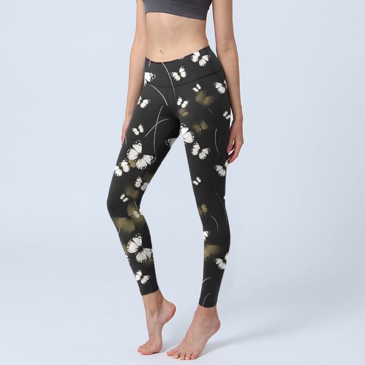 Leggings da yoga da donna con stampa di stelle e farfalle bianche Buddha Stones